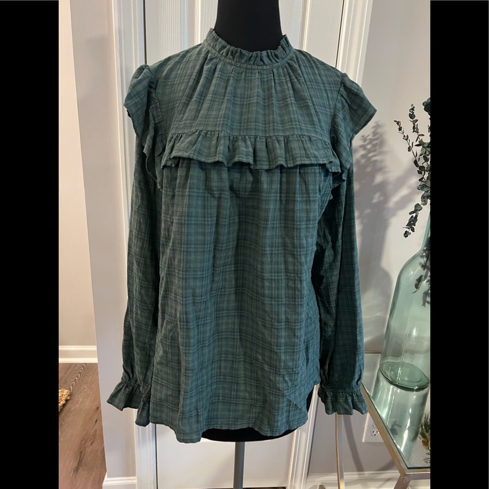 Universal thread washed green long sleeve high neck peasant blouse size XL